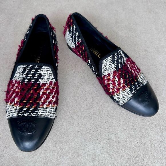 Chanel CC Logo Leather Cap Toe Multicolor Tweed Flat Loafers EU 38 US 7-7.5 - Picture 10 of 11